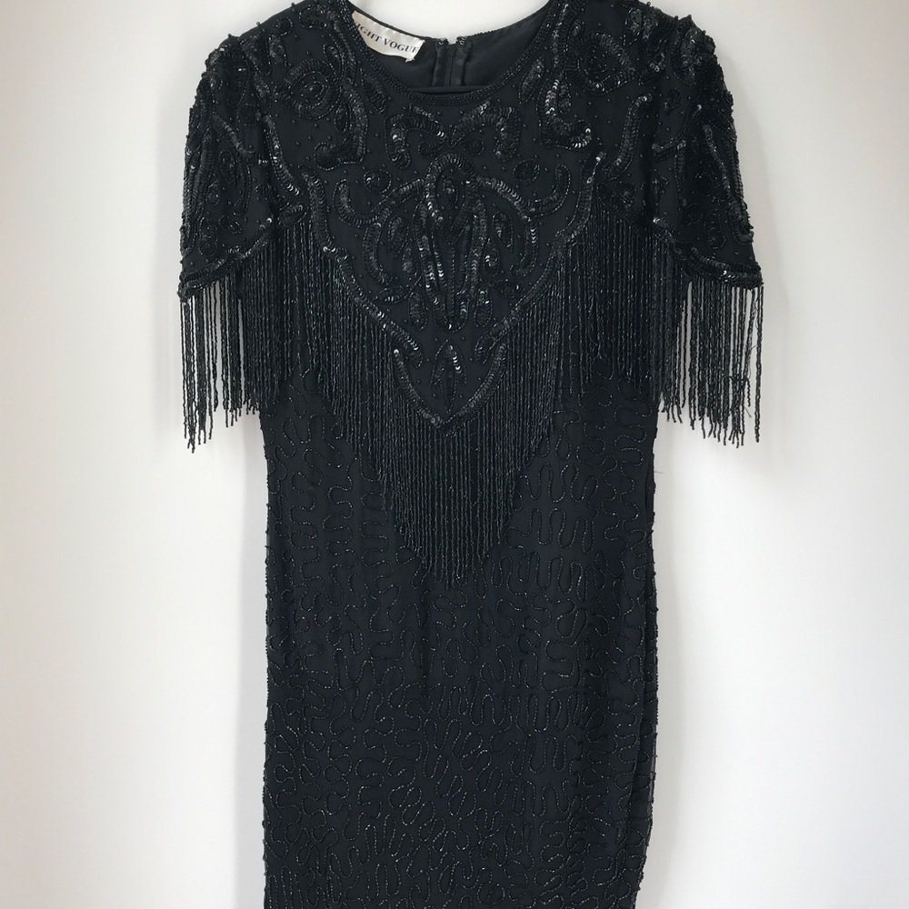 Night Vogue Vintage Black Beaded Fringe Dress